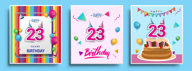 Vector Sets of 23rd Years Birthday invitation, greeting card Design, with confetti and balloons, birthday cake, Colorful Vector template Elements for your Birthday Celebration Party.