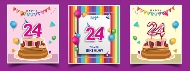Vector Sets of 24th Years Birthday invitation, greeting card Design, with confetti and balloons, birthday cake, Colorful Vector template Elements for your Birthday Celebration Party.
