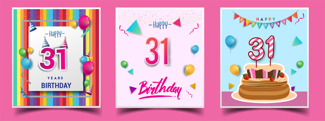 Vector Sets of 31st Years Birthday invitation, greeting card Design, with confetti and balloons, birthday cake, Colorful Vector template Elements for your Birthday Celebration Party.
