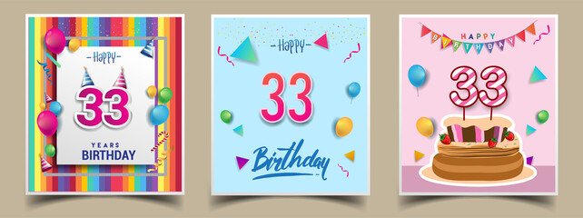 Vector Sets of 33rd Years Birthday invitation, greeting card Design, with confetti and balloons, birthday cake, Colorful Vector template Elements for your Birthday Celebration Party.