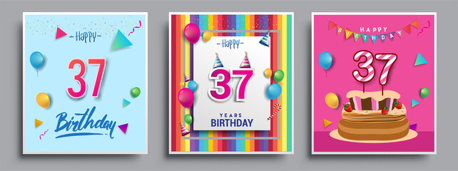 Vector Sets of 37th Years Birthday invitation, greeting card Design, with confetti and balloons, birthday cake, Colorful Vector template Elements for your Birthday Celebration Party.