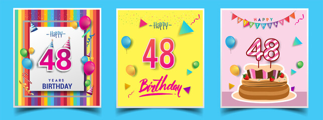Vector Sets of 48th Years Birthday invitation, greeting card Design, with confetti and balloons, birthday cake, Colorful Vector template Elements for your Birthday Celebration Party.