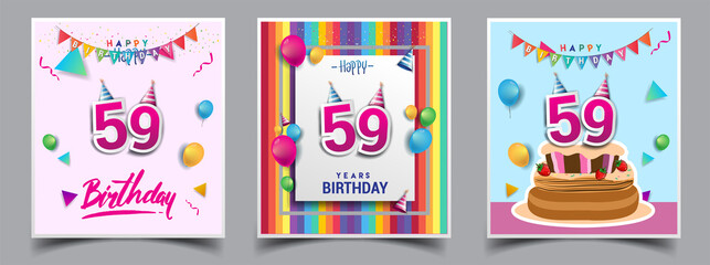 Vector Sets of 59th Years Birthday invitation, greeting card Design, with confetti and balloons, birthday cake, Colorful Vector template Elements for your Birthday Celebration Party.