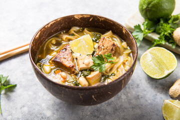 Miso Ramen Asian noodles soup with tempeh or tempe  in a bowl. Health food for healthy eating for...