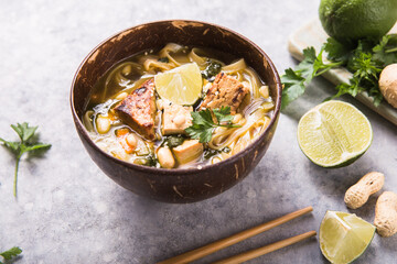 Miso Ramen Asian noodles soup with tempeh or tempe  in a bowl. Health food for healthy eating for vegans & vegetarians . Asian style food.