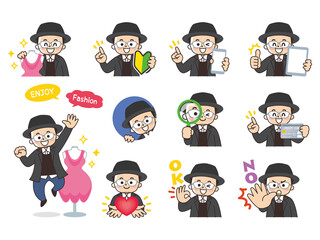 スタイリストの男性　バリエーション　初心者マーク　スマートフォン　タブレット　虫眼鏡　クレジットカード　ハート　OK　NO