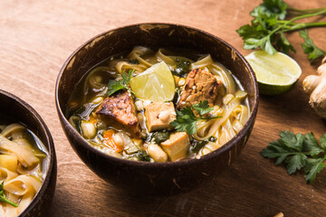 Miso Ramen Asian noodles soup with tempeh or tempe  in a bowl. Health food for healthy eating for vegans & vegetarians