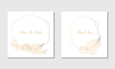 Luxury gold frame set with peonies. Vector template card