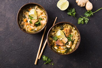Miso Ramen Asian noodles soup with tempeh or tempe  in a bowl. Health food for healthy eating for...