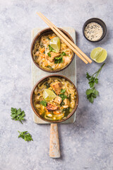 Miso Ramen Asian noodles soup with tempeh or tempe  in a bowl. Health food for healthy eating for vegans & vegetarians