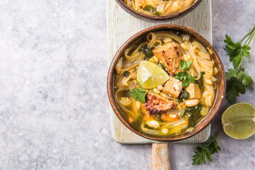 Miso Ramen Asian noodles soup with tempeh or tempe  in a bowl. Health food for healthy eating for vegans & vegetarians