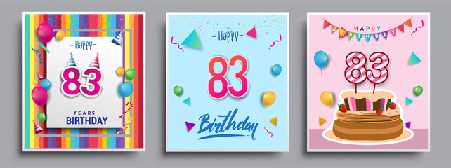 Fototapeta na wymiar Vector Sets of 83rd Years Birthday invitation, greeting card Design, with confetti and balloons, birthday cake, Colorful Vector template Elements for your Birthday Celebration Party.