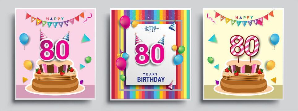Vector Sets of 80th Years Birthday invitation, greeting card Design, with confetti and balloons, birthday cake, Colorful Vector template Elements for your Birthday Celebration Party.