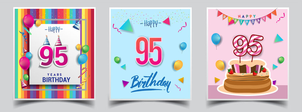 Vector Sets of 95th Years Birthday invitation, greeting card Design, with confetti and balloons, birthday cake, Colorful Vector template Elements for your Birthday Celebration Party.