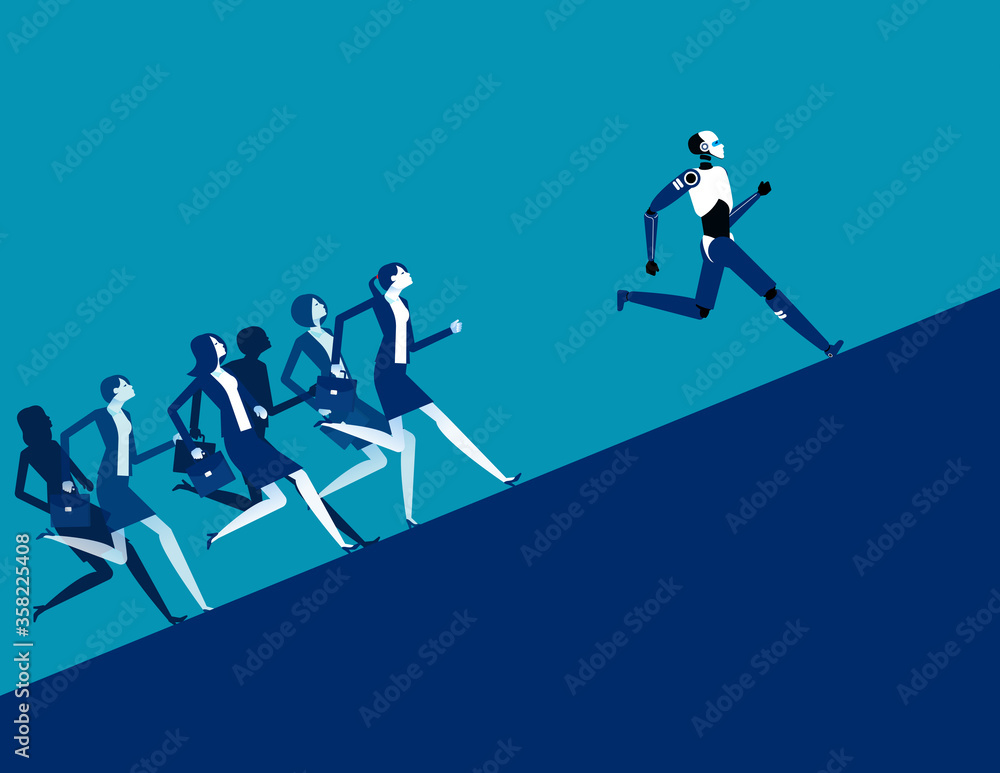 Wall mural business team competition with robot. robot vs human. artificial intelligence