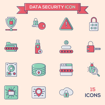 Green and Red 15 Data Security Icons on Peach Background.