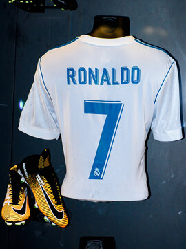 MADRID - APRIL 14, 2018: Cristiano Ronaldo 7 Portugal, Actual Shirt Of Season 2017-2018, Museum Of Real Madrid Soccer Team, Santiago Bernabeu Stadium