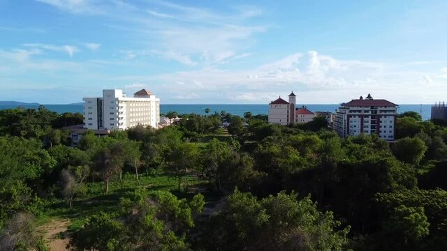 Beautiful aerial footage flying over the trees near jomtien beach, Thailand