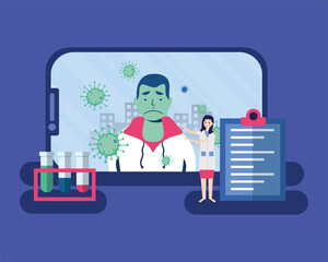 online female doctor and sick man client on smartphone vector design
