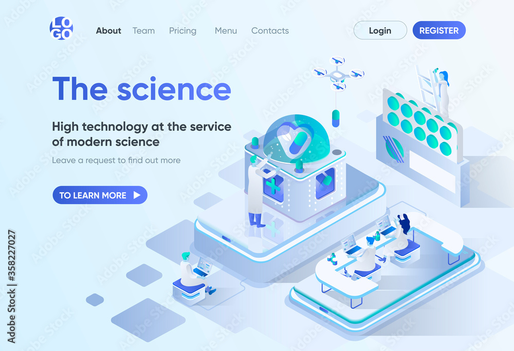 Poster The science isometric landing page. Scientific research and development, high technology in pharma industry. Science laboratory template for CMS and website. Isometry scene with people characters.