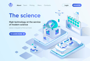 The science isometric landing page. Scientific research and development, high technology in pharma industry. Science laboratory template for CMS and website. Isometry scene with people characters.