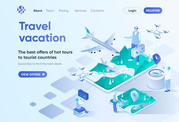 Travel vacation isometric landing page. Online booking service, airplane transportation, best offers of hot tours. Travel agency template for CMS and website. Isometry scene with people characters. © alexdndz