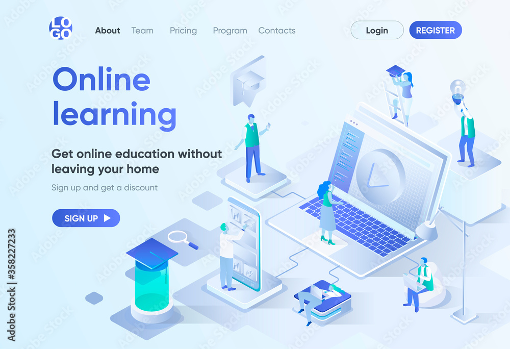 Aufkleber Online learning isometric landing page. Distance education, professional skills development and career growth. Interactive study template for CMS and website. Isometry scene with people characters.