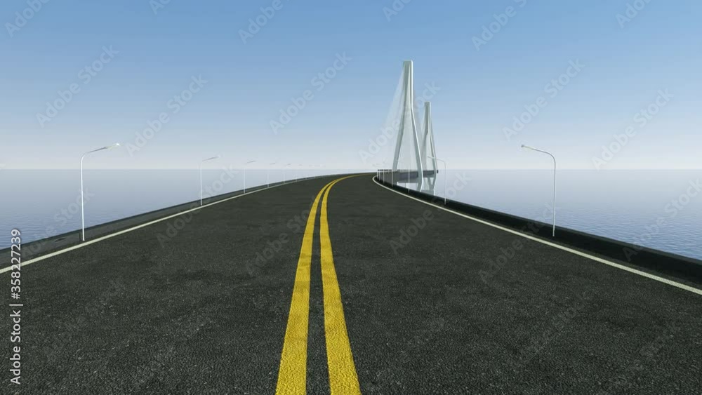 Poster fast driving forward on the long curve bridge, 3d rendering.
