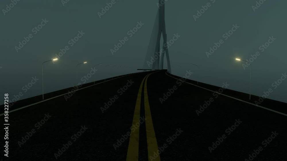 Poster fast driving forward on the long curve bridge at night, 3d rendering.