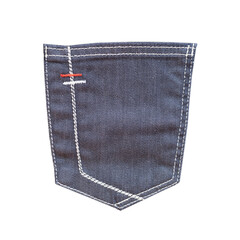 Navy blue jeans back pocket isolated on white background. Closeup of white stitches and seams....