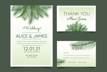 Beautiful hand drawn palm leaf natural wedding invitation cards. Includes invitation templates, RSVP, and thank you cards. Vector