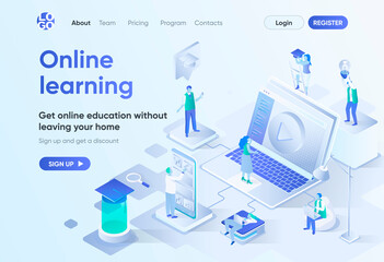 Online learning isometric landing page. Distance education, professional skills development and career growth. Interactive study template for CMS and website. Isometry scene with people characters.