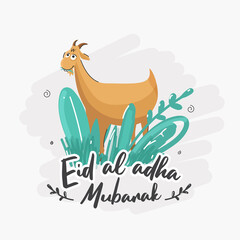 Doodle Style Illustration of Cartoon Goat with Green Grass or Leaves on White Background for Eid-Al-Adha Mubarak.
