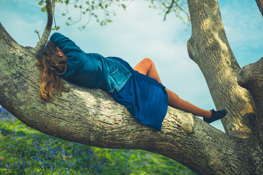 Pregnant woman lying on branch of an ash tree