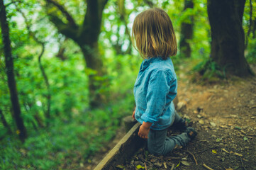 Little preschooler resting in the forest