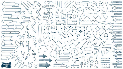 Arrows doodle set. Big collection of arrow sketches. Sketchbook scribbles. Up, down, left, right signs.