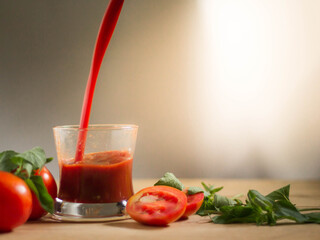 Tomato juice is pouring into a glass on a wooden table.