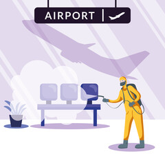 Man with protective suit spraying airport chairs vector design