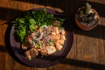 Thai style spicy salmon dice salad named 