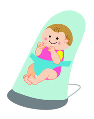 水色のバウンサーとピンク色の服を着た笑顔の赤ちゃん