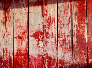 Red scratch wood wall cracked texture background. Dilapidated wall wooden red plank panel or worn...
