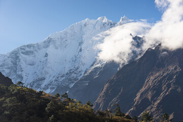 Thamserku mountain peak view from Tengboche village, Everest base camp trekking route in Himalaya mountains range, Nepal