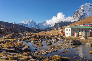 Lobuche village in Everest region in a morning, Himalaya mountains range, Nepal