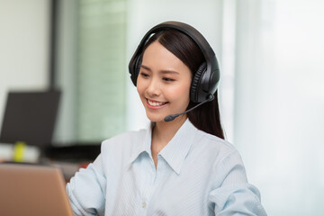 Happy Telemarketer Asian woman wear headset smile customer support - obrazy, fototapety, plakaty