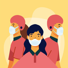 delivery woman and men with masks and helmets vector design