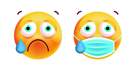 Cute Crying Emoticon with Face Mask on White Background. Isolated Vector Illustration 