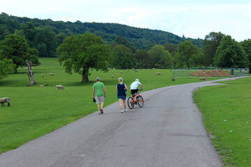 Naklejka premium A mum and dad waking and boy on bicycle walking in the country on a family day out 