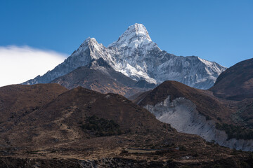 Ama Dablam mountain peak, most famous peak in Everest base camp trekking route in Himalaya...