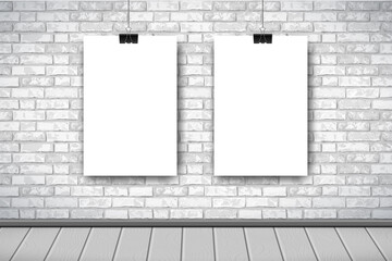 Flat Interior with two empty white posters on gray brick wall. Trendy loft room scenery background, fashion gallery exhibition interior. Vector Illustration for web, poster mockup, exposition