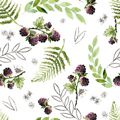 cute seamless pattern with roses and summer forest berryes. botanical illustration